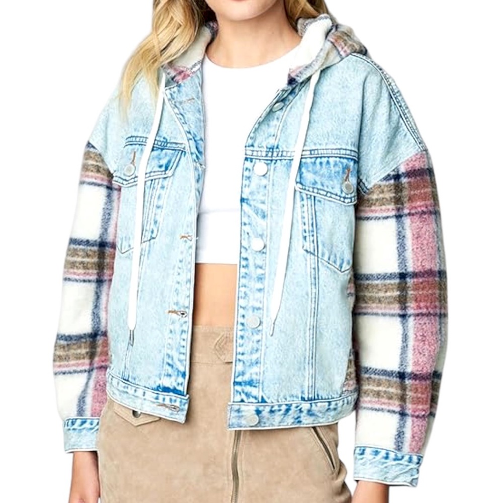 BlankNYC denim jacket plaid sleeves - 90s style - Medium